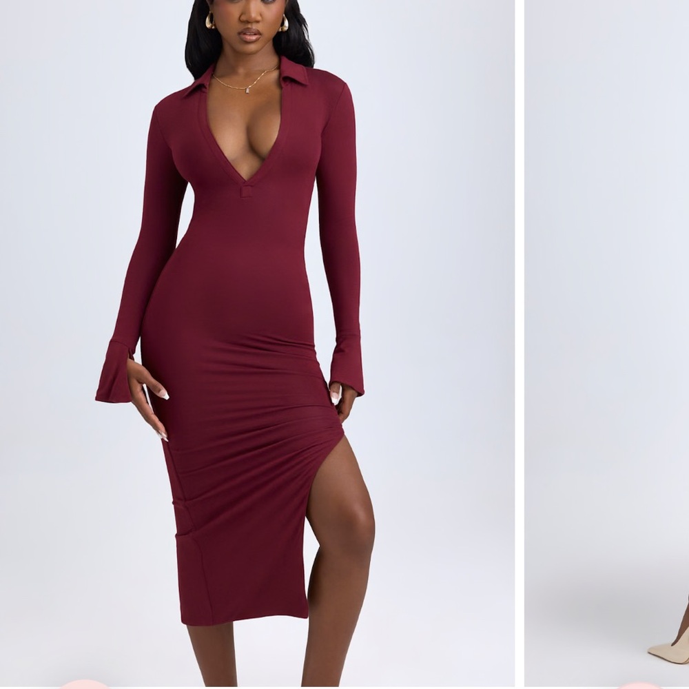 New without Tags Oh Polly Yael Midi Bodycon Dress Burgundy Wine Long Sleeve